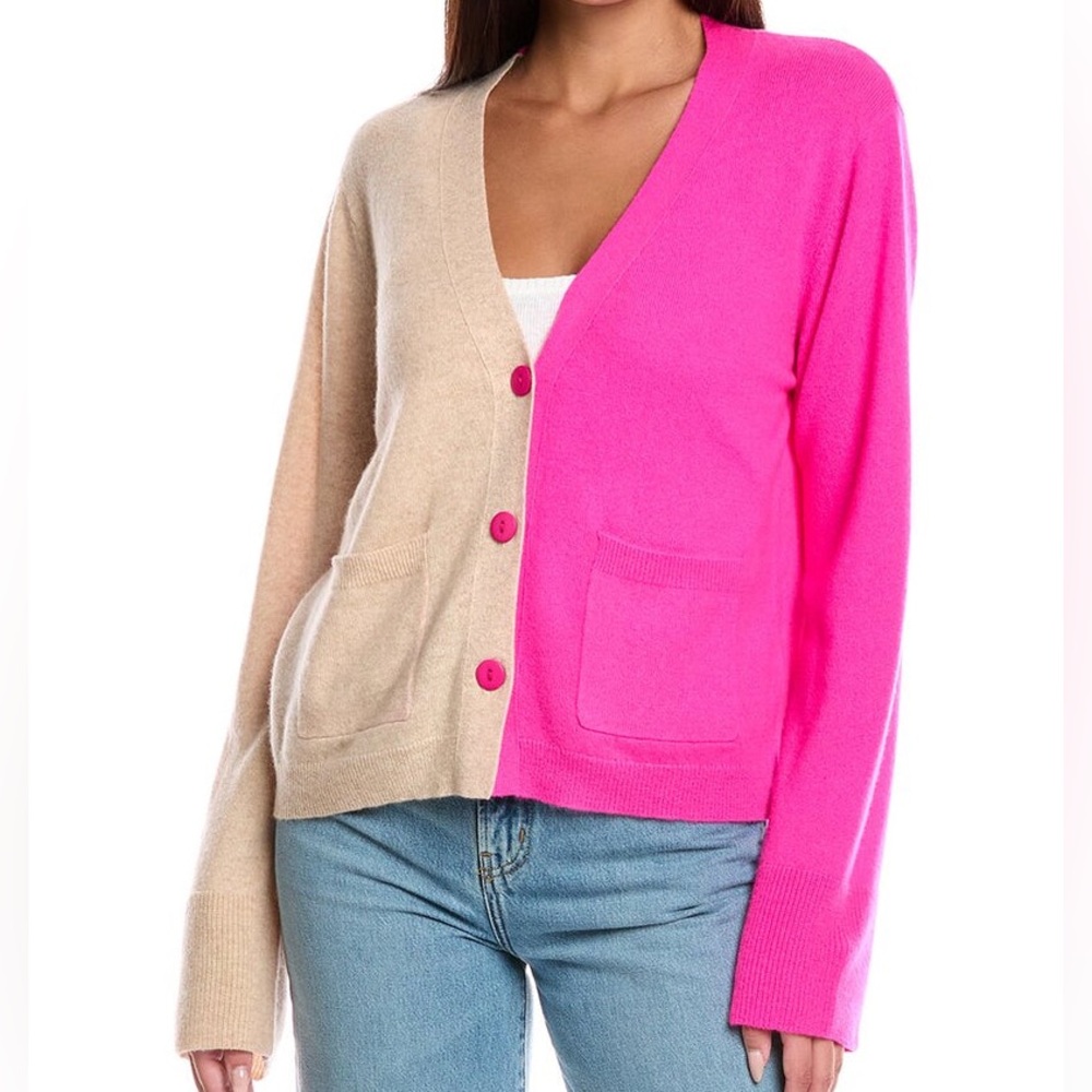 NWT Brodie Cashmere Bella Half and Half Cardigan, Pink/ Tan, size M